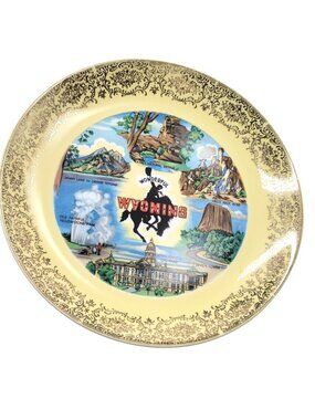 Vtg Wyoming Souvenir Plate With Gold Border Scenic State Landmarks 8" Illustrati